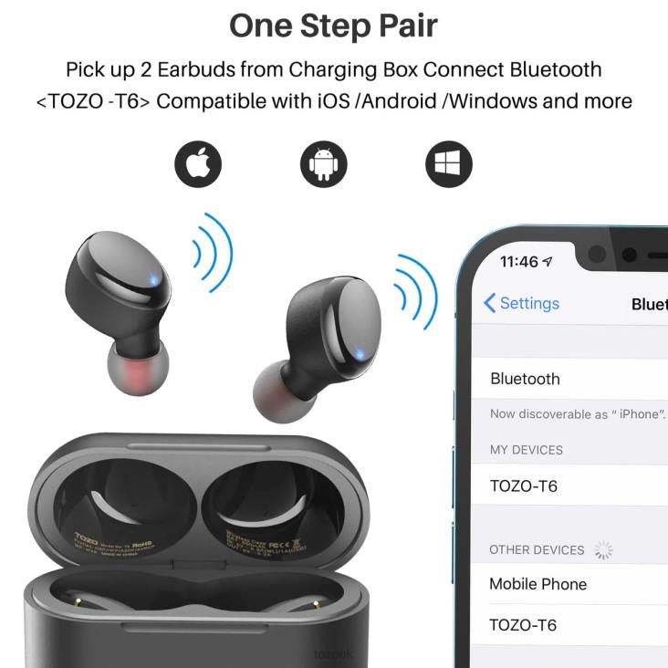 Black TOZO T6 4BN6P17 Headphones